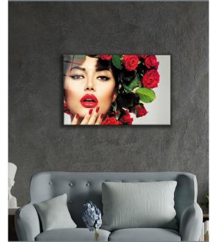 Frau mit Rosen Art Design rechteckiges spezial Glasbild!